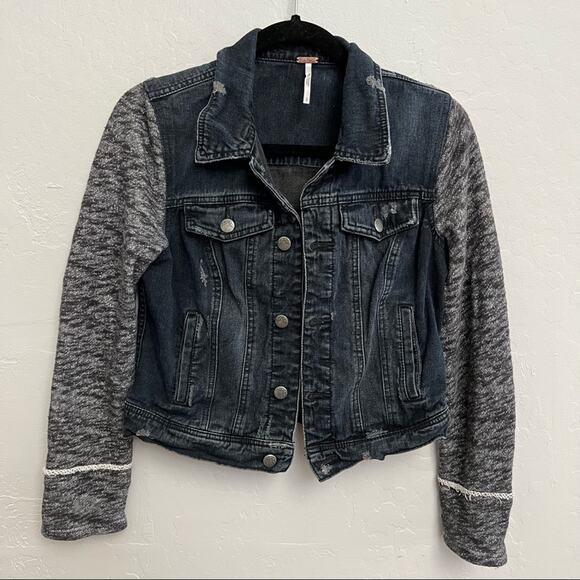 Free People Layered Knit Hooded Denim Jacket Washed Dark - Picture 1 of 5
